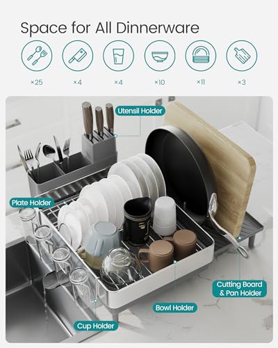 Image of SONGMICS Large Dish Drying Rack, Expandable Dish Dryer for Kitchen Counter, Stainless Steel Dish Rack with Rotatable Spout, Utensil, Cup, Glass, Cutting Board, Pan Holders, Silver and Gray UKCS037G01