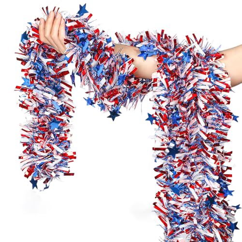 4th of July Garland Decorations 50Ft Tinsel Garland Patriotic Decorations Red White and Blue Garland for Memorial Day Decorations (Star)