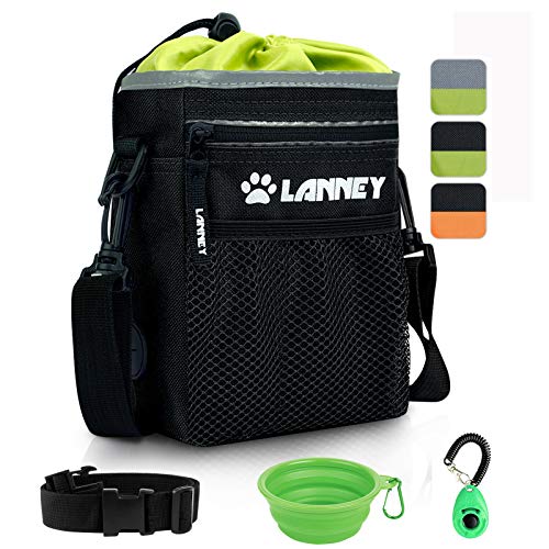 Dog Treat Pouch Pet Training Bag for Small to Large Dogs, Treat Tote Carry Kibble Snacks Toys for Training Reward Walking, Metal Clip, Waist belt, Shoulder Strap, Poop Bag Dispenser, Black with Green