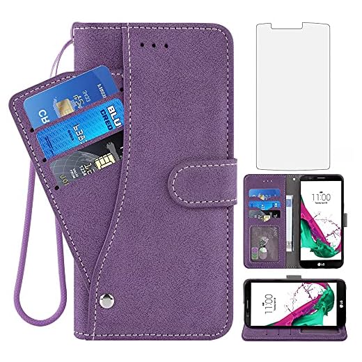 Asuwish Compatible with LG G4 Wallet Case and Tempered Glass Screen Protector Flip Cover Folio Purse Wrist Strap Credit Card Holder Stand Cell Accessories Phone Cases for LGG4 LG4 4G Women Men Purple