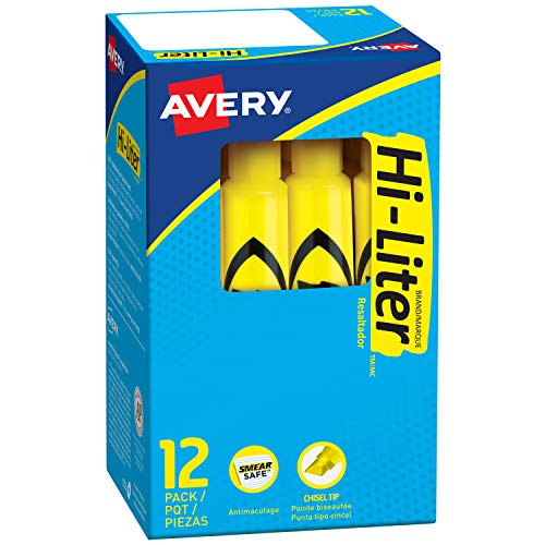 Avery Hi-Liter Desk-Style Highlighters, Smear Safe Ink, Chisel Tip, 12 Yellow Highlighters (07742) #TOP6