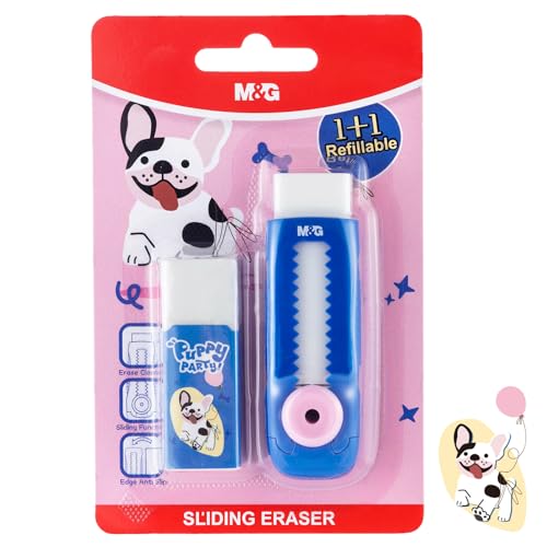 Image of M&G 1+1 Pack Blue Sliding Retractable Cute Eraser Set, Refillable Soft Large Rubber Eraser with Sleeve for Kids Students School Office Supplies