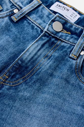 Image of SNITCH Men Casual Jeans | Relaxed Fit Straight Leg Washed Pattern & Drawstring Closure | 100% Cotton Denim Fabric for All Day Comfort & Everyday Wear