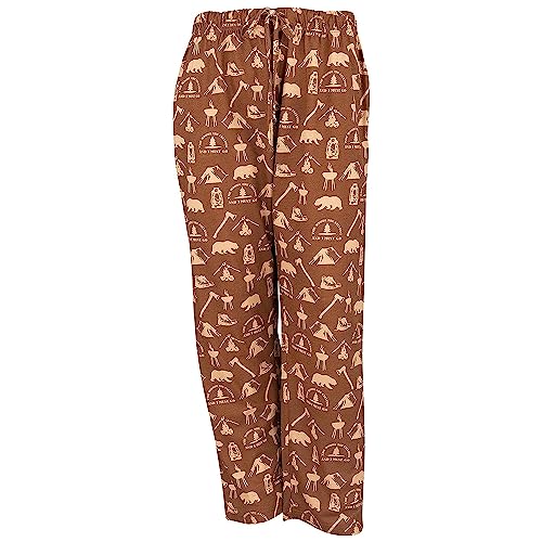 Wide Leg Men's Lounge Pants, Comfy Men's PJ Pants, Lightweight Jersey Fabric Pajama Pants with Fun Graphic Prints, Elastic Waistband, and Side Pockets (Camping Print, Chocolate, Medium)