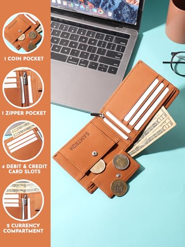 Image of SAMTROH Vegan Leather Wallet for Men | Vintage Printed | Premium Vegan Leather Craftsmanship | 3 Card Slots I 2 Cash Compartments & Secret Slots | 1 Coin Pocket. (Eagle, Tan)