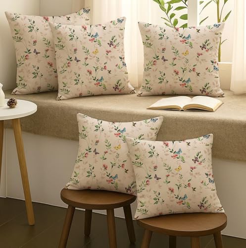 Image of Jaipur Weaves Cushion Cover 16 Inch X 16 Inch - Set of 5, Butterfly Garden 260 GSM Decorative Soft Cushion Covers for Sofa /Bed /Chair, Gift for Home Decor (Cream Garden, 5)