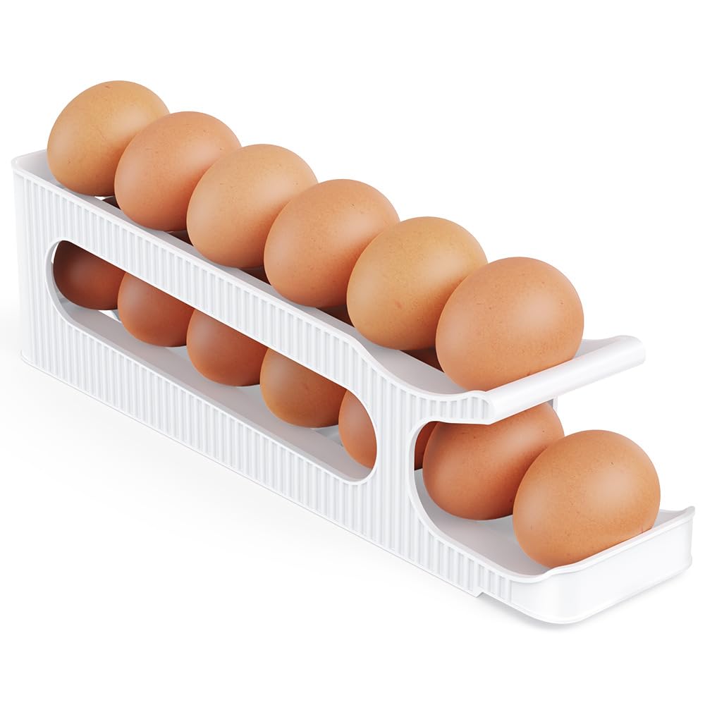 Soporte para huevos para nevera, organizador de almacenamiento de huevos de 2 niveles para refrigerador, recipiente delgado que ahorra espacio, dispensador - Rodillo de huevos para huevos, 12 unidades