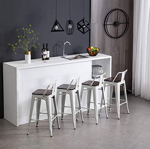Modern Industrial Metal Bar Stool Counter Height Stools [Set of 4] Stackable Dining Chair (24\", Low Back White Wooden Seat)