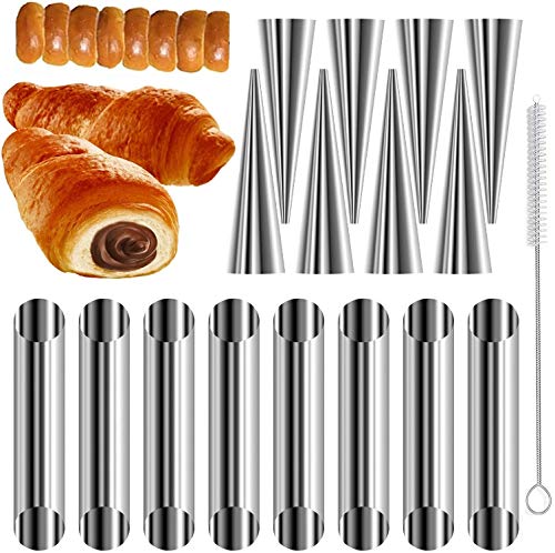 Cone Inox Cornet Patisserie Cannoli Tube Cône Rouleau 24PCS Moule Croissant Moule Revêtement Antiadhésif avec 1pcs Brosse de Nettoyage Corne gâteau Pain Moule