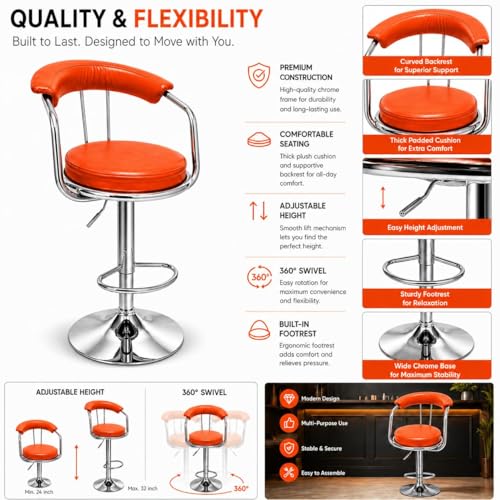 Image of Kemon Modern Adjustable Swivel Bar Stool Chair with Backrest, PU Leather Hydraulic Counter Stool with Footrest for Kitchen Island, Cafe & Home Bar (1, Orange, Round Barrel Stool)