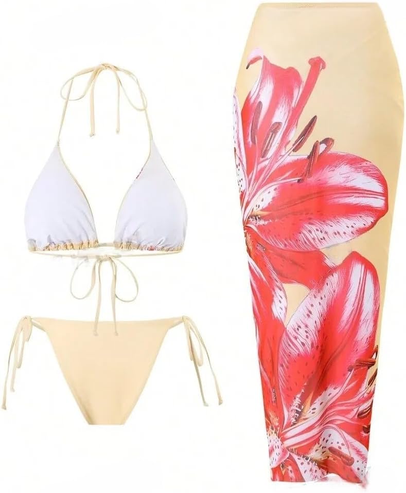 ZAFUL Womens 3pcs Swimsuit Floral Halter Triangle Bikini Top Tie Side Bottom with Long Sheer Cover Up Skirt - Image 3