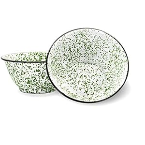 Red Co Set of 2 Enamelware Metal Large Classic 4 quart Round Salad Serving Bowl Dark Green MarbleBlack Rim Splatter Design