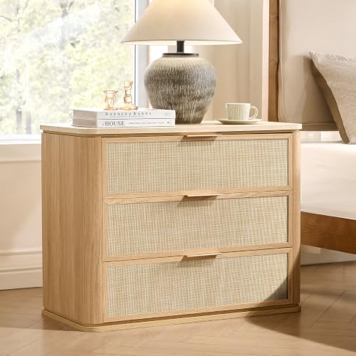 Image of Night Stand Set of 2, 30.71 inch W Rattan Nightstand with 3 Drawers, Faux Marble Top Bedside Table, Boho Mid Century End Table for Bedroom Living Room Sofa Office, Natural Oak [FSC Certified]