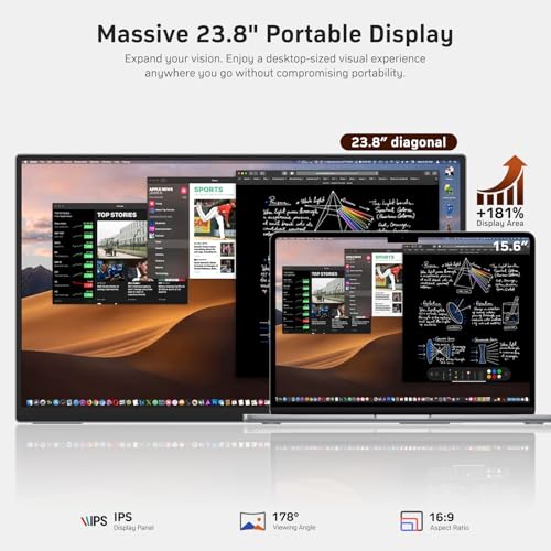 Image of MNN Portable Monitor 23.8 inch 100Hz 1080P IPS, Ultra Slim Metal Body with Built-in Kickstand & Dual Speakers, USB-C HDMI External Display for Laptop PC Phone PS5 Xbox Switch, Home Office Gaming Monitor