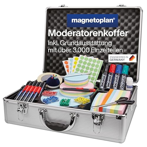 magnetoplan Moderationskoffer l Inkl. 3000 Teile l HxBxT 340x470x165mm l Hochwertiger Aluminiumkoffer abschließbar l Für Schulungen & Seminare