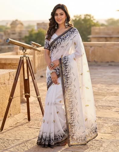 Image of SIRIL Women's Printed Cotton Linen One Minute Ready to Wear Saree With Unstitched Blouse Piece