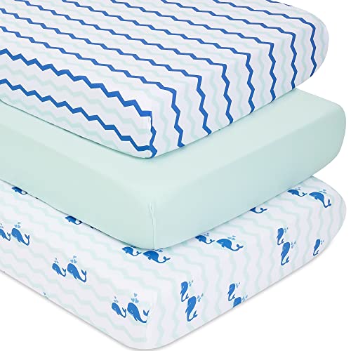 Image of TILLYOU 3-Pack Jersey Knit Stretch Fitted Crib Sheets Set for Baby Boys Girls 28”x52”+8” Deep Pocket, Ultra Soft Breathable and Lightweight Mattress Cover for Standard Toddler Bed, Ocean Whales