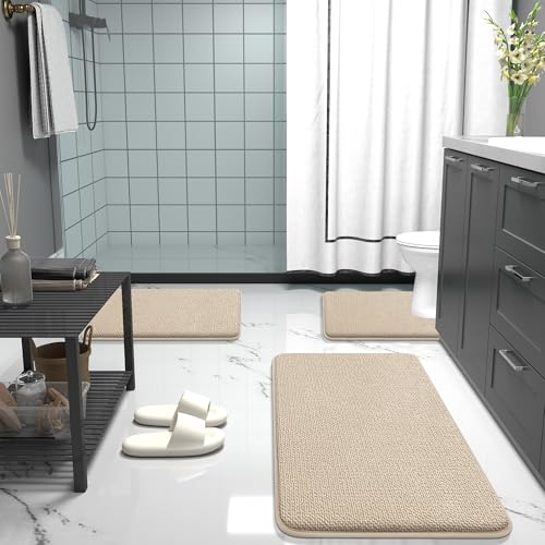 Image of OLANLY Thick Memory Foam Bath Mat Rug 32x20, Extra Soft Absorbent Bathroom Rug, Quick Dry Bath Mats, Non-Slip, Machine Washable Carpet for Bathroom, Tub and Shower, Home Decor Accessories, Beige