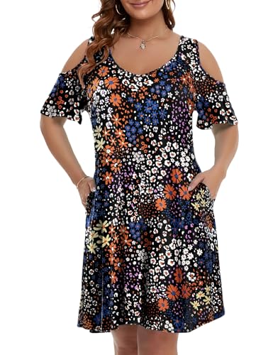 Image of JollieLovin Womens Plus Size Short Sleeve Cold Shoulder V Neck T-Shirt Dress with Pockets