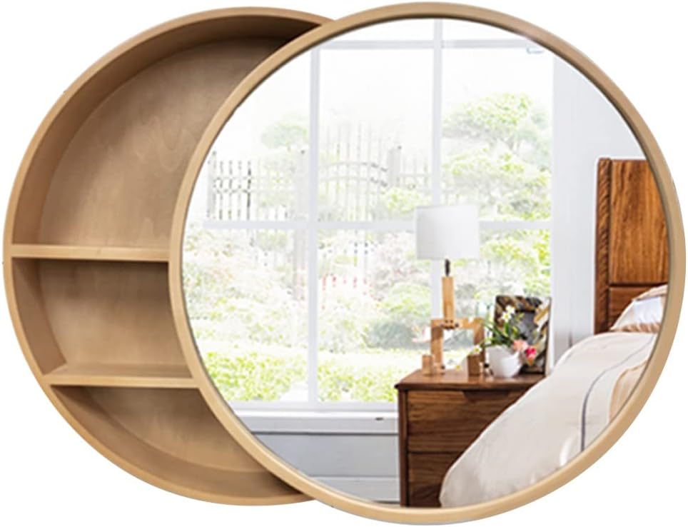 Round Wooden Bathroom Mirror Cabinet with Storage Rack Waterproof Solid Wood Wall Mounted Mirror for Stylish Home Decor & nized Storage