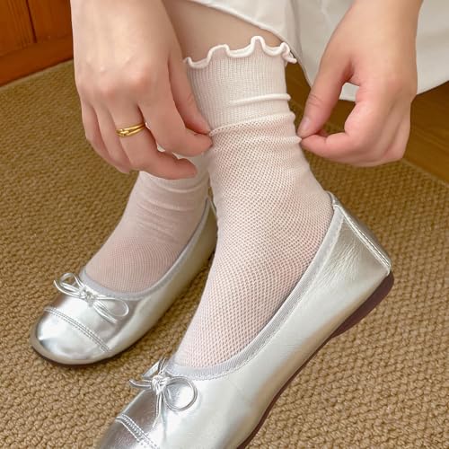 Image of zrylibya Women Cute Roll Top Turn Cuff Slouch Socks Hollow Out Crochet Solid Casual Crew Socks 4 Pairs