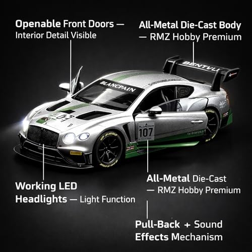 Image of Wizplex RMZ Hobby Bentley Continental GT3 Die-Cast Car 1:32 Scale Model Race Car Pull Back Toy Vehicle for Collectors
