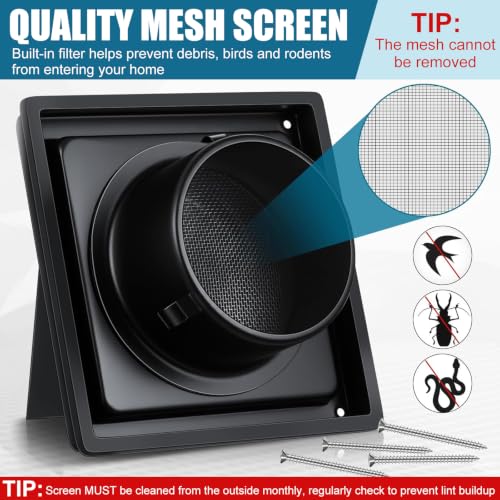 Image of Gisafai 4 Inch Dryer Vent Cover Outdoor with Stainless Steel Screen Black Wall Dryer Exhaust Vent Cover External Cap Cushioned Non Return Flap with Sealing Gasket Grille, Bird /Insect Proof