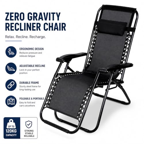 Image of Yo Green Stainless Steel Zero Gravity Chair, Lawn Chair Recliner Lounge, Portable Camping Folding Beach Chair with Removable Pillow (Black)