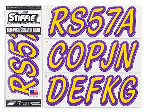 Image of STIFFIE Whipline Solid Yellow /Purple 3 inch Alpha-Numeric Registration Identification Numbers Stickers Decals for Boats & Personal Watercraft