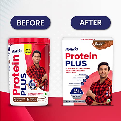 Image of Horlicks Protein Plus Chocolate High Protein Drink for Adults 400 g Jar|| Whey|| Soy & Casein Powder Blend - For Muscle Mass & Strength|| Veg