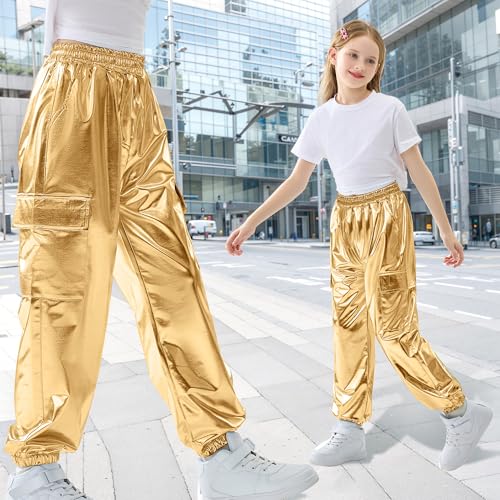 Image of Rolanko Girls Cargo Pants for Kids Loose Streetwear Hip Hop Dance Cotton Cargo Jogger Pants for Kids 4-15 Years