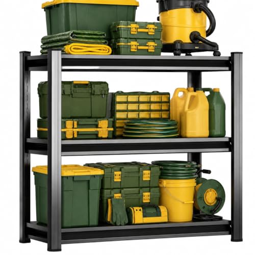 Image of Garage Shelving Heavy Duty Shelving Unit, 1200 LBS 3-Tier Adjustable Boltless Storage Rack, Organizer for Garage Warehouse Kitchen Basement Workshop Household Supplies, 31.5 inchH x 31.5 inchW x 13.8 inchD, Black