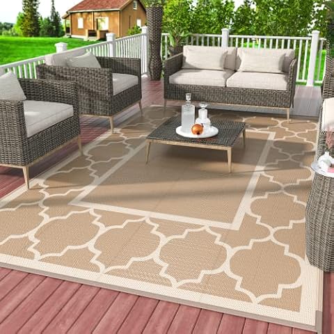 GENIMO 5'x8' Outdoor Rug for Patio, Reversible Plastic Waterproof RV Rugs, Clearance Large Mat, Porch, Camping, Picnic, Deck, Camper, Balcony, Brown & Beige Cover