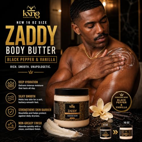 Image of KXNG Cosmetics Organic Shea Body Butter Cream - 16oz | Mens Body Butter for Black Men & Women with Shea, Cocoa, Mango & Coconut Oil | Moisturizing Cream for Hands, Feet & Skin - Zaddy