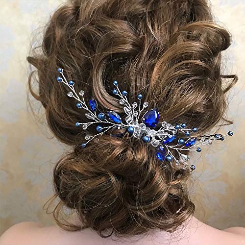 Aimimier Bridal Royal Blue Crystal Hair Comb And Earrings Sapphire Blue Pearl Hair Piece Set Prom Party Festival Wedding Hair Accessories For Women And Girls #TOP24
