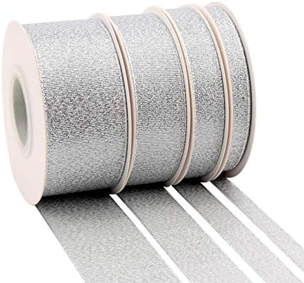 4 Rolls Glitter Silver Ribbon, Ribbon for Gift Wrapping, Holiday Party, Wedding Decoration, Fabric Ribbon for Balloons, Floral DIY, and Classroom Decor, 4 x 25 Yards,(3/8", 5/8", 1", 1-1/2")
