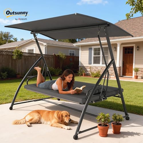 Outsunny Outdoor 2-in-1 Swing Chair Lounger 3 Seater Garden Swing Seat Bed Hammock Bed Convertible Tilt Canopy W/Cushion, Dark Grey