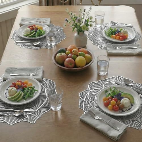 Image of Kuber Industries Leather Table Mats Set of 6 | Washable Placemat /Dining Table Mat for Wedding and Family Functions | Gulab Design - Silver