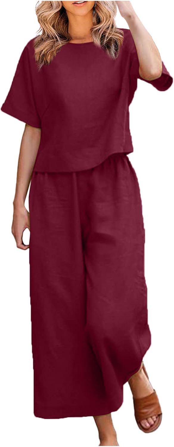 Women's Cotton Linen Two Piece Work Suits Summer Ladies Oversized Tops and Pants Sets Dressy Casual Solid Outfits