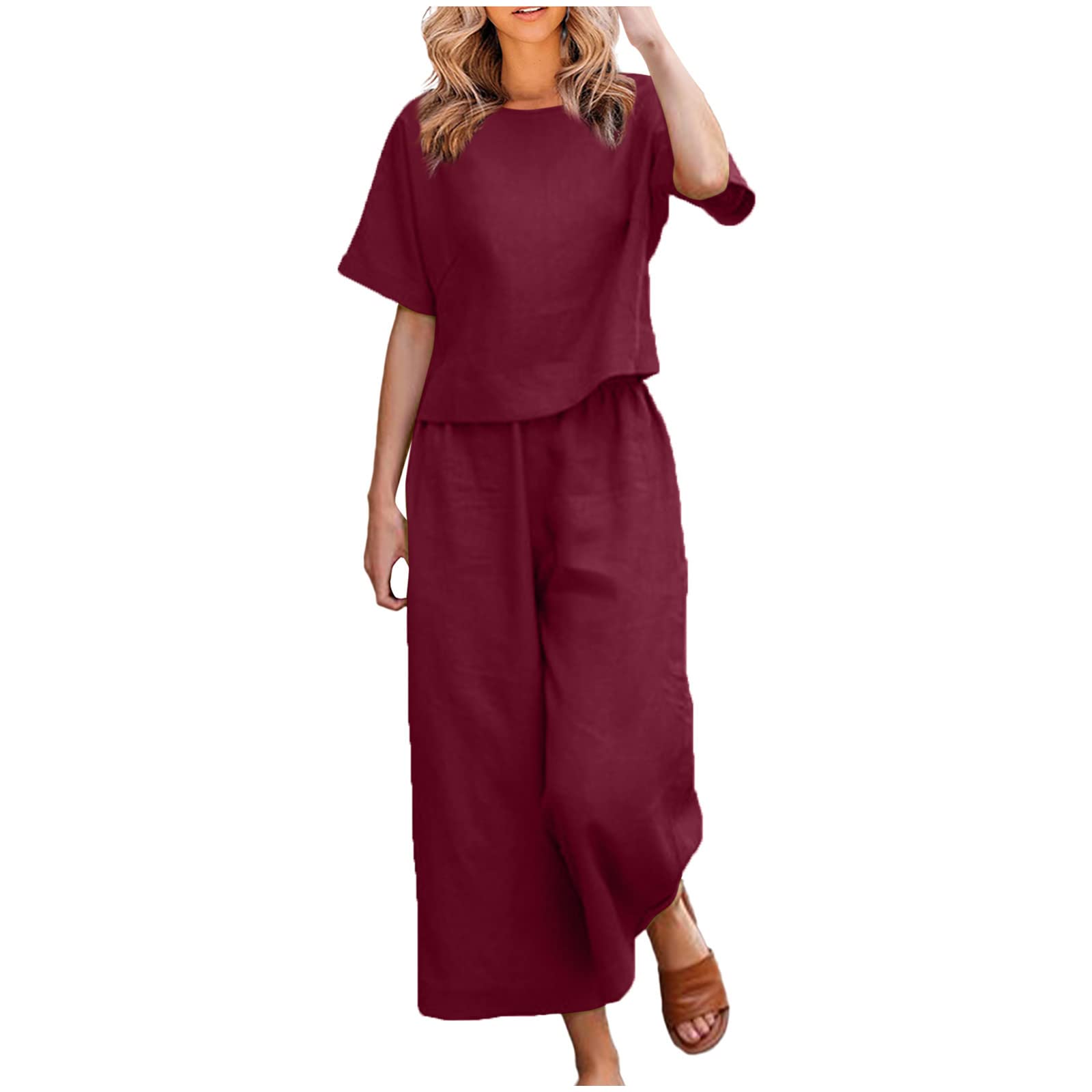 Womens 2 Piece Outfits Summer Linen Sets Short Sleeve V Neck Cropped Top Wide Leg Capris Pants Beach Lounge Sets — view 6