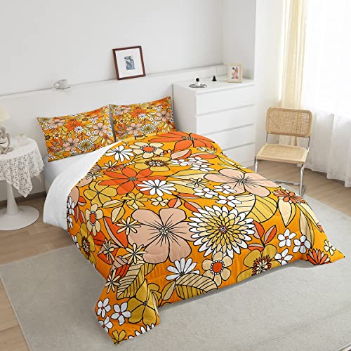 Erosebridal Boho Floral Quilt Queen,Retro 1960S 1970S Groovy Flower Comforter Set For Kid Boys Girls Teens,Orange Boho Hippie Psychedelic Bedding Botanical Blossom Duvet Insert With 2 Pillowcases #TOP3