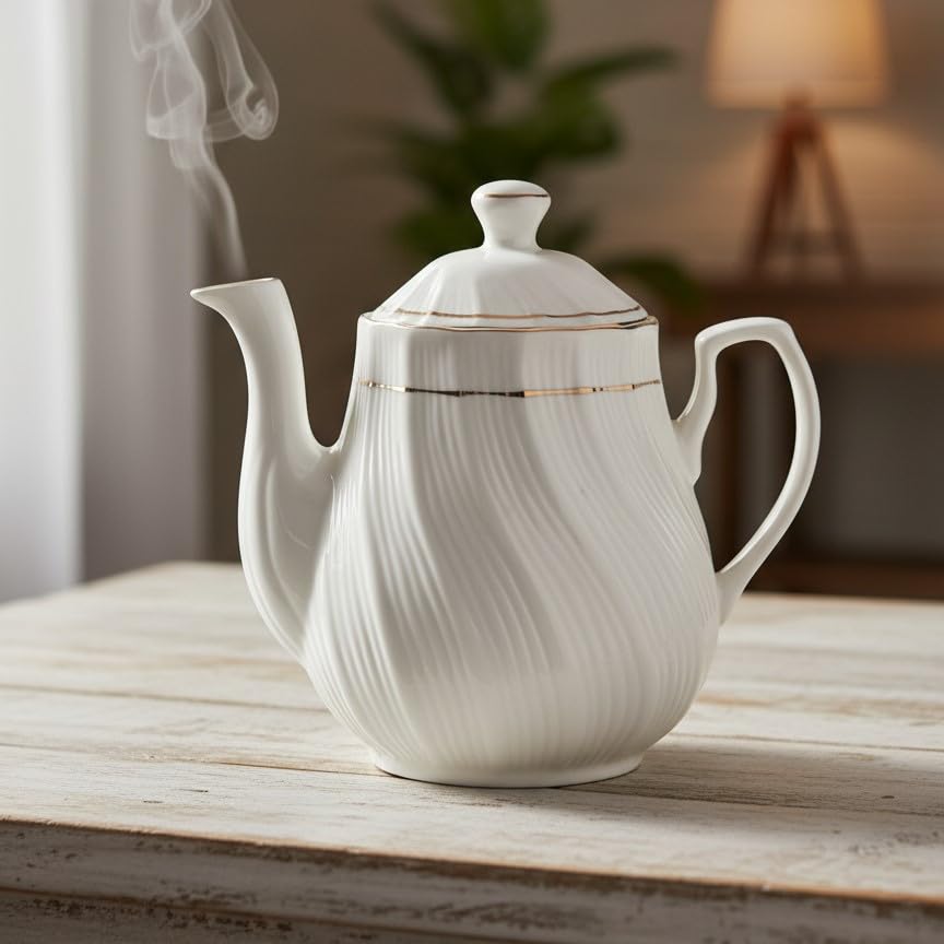 Femora Luxury Fluted/Swirl Bone China Teapot - Classic White & Gold Trim Tea Kettle - Ideal for Tea Parties & Gifts
