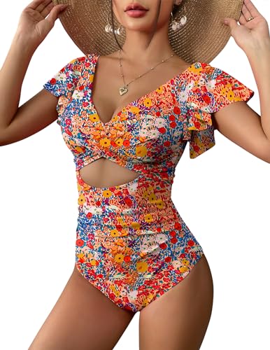 AI'MAGE Women's Ruffle One Piece Swimsuit V Neck Tummy Control Bathing Suits Cutout Backless Swimwear