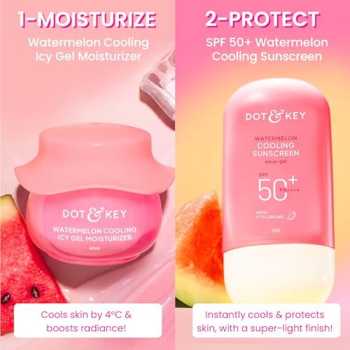 Image of Dot & Key Watermelon Luminous Skin Care Combo (Watermelon Sunscreen SPF 50 PA+++ 50gm & Watermelon Moisturizer 60 ml) | For Normal, Oily & Combination Skin | Controls Excess Oil | For UV /UVA Protect