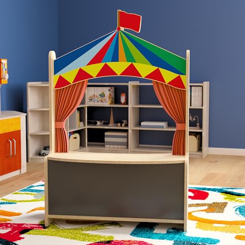 Classroom Essentials Wooden Puppet Theater with Removable Curtains and Bottom Magnetic Chalkboard, Natural