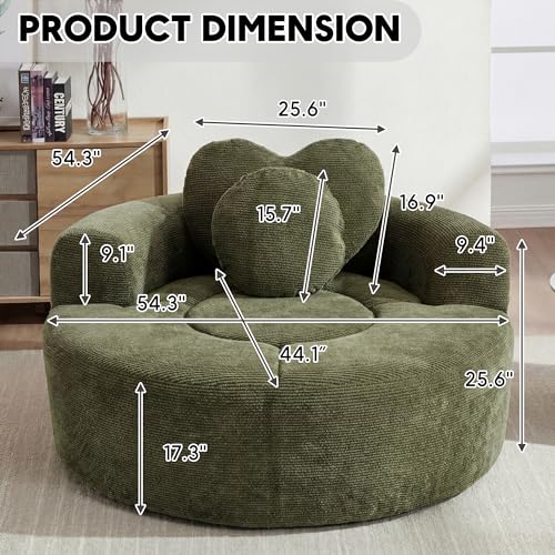 Image of Oversized Round Chair Lounge Chaise Indoor, 54.3 inch Upholstered Corduroy Deep Seat Single Cloud Sofa Chair with Heart-Shaped Pillow Modern Large Circle Boneless Couch for Living Room, Green