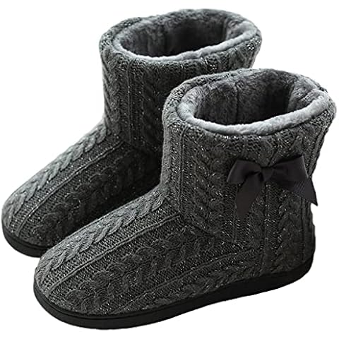 GURGER Slipper Boots Women Booties Ladies Fur Lined Knit Warm Winter Home House Shoes Hard Sole, Gray 9 9.5 Cover