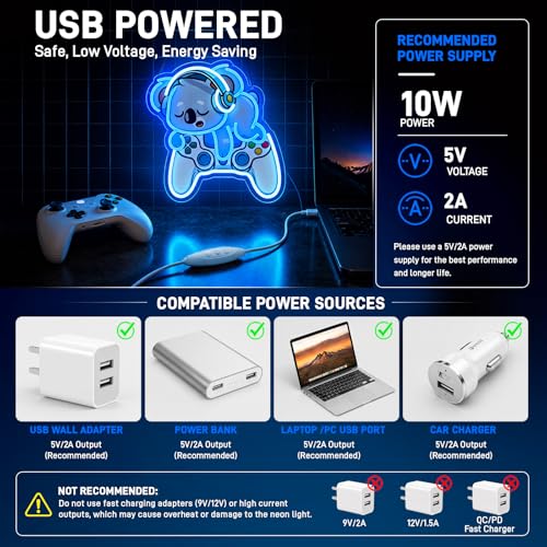 Image of Koala Gaming Neon Sign,LED Koala Wall Light with Game Controller,USB Powered 5V /2A Dimmable Neon Light for Gamers,Kids' Rooms,Game Rooms & Home Bars,Fun Video Game Decor,Room Decor