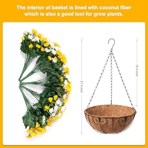 Artificial Hanging Flowers in Basket Patio Garden Porch Deck Spring Summer Decor Faux Chrysanthemum Arrangement Fake Plants in 12 inches Coconut Lining Basket of OutdoorIndoor DecorYellow White
