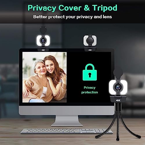 Webcam 4K, Webcam mit Mikrofon, FHD Facecam Streaming-Webcam mit Ringlicht, Stativ, Abdeckung, Web Kamera für PC Laptop Desktop Mac, Kamera PC für Live-Streaming, Videoaufnahme, Telearbeit, Konferenz – Bild 6